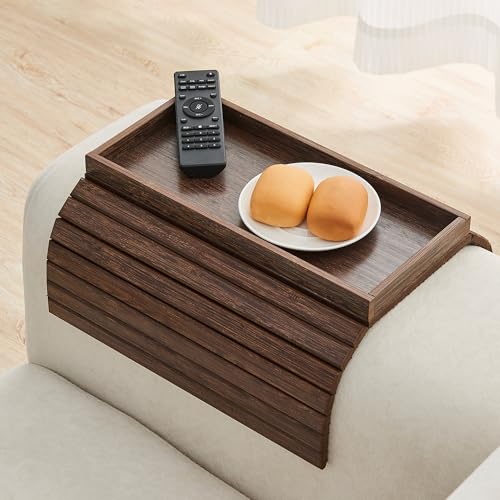 Bamboo Sofa Arm Tray, Foldable Couch Arm Tray Side Table, Anti-Falling Armrest Tables Cup Holder for Snacks, Drinks, Beers, Phone, Control, Flexible and Portable, Anti-Slip Bottom