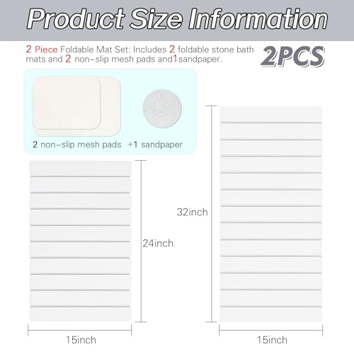 2 Pack Stone Bath Mats Foldable Non-Slip Quick Dry Bathroom Rugs | White Super Absorbent Diatomaceous Earth. Folds Flat for Compact Storage. Easy to Clean. Sandpaper Included for Stain Removal