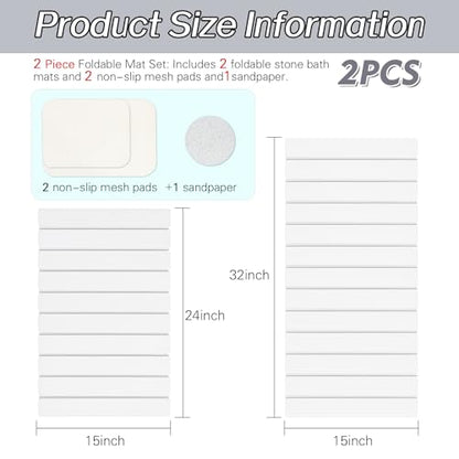 2 Pack Stone Bath Mats Foldable Non-Slip Quick Dry Bathroom Rugs | White Super Absorbent Diatomaceous Earth. Folds Flat for Compact Storage. Easy to Clean. Sandpaper Included for Stain Removal