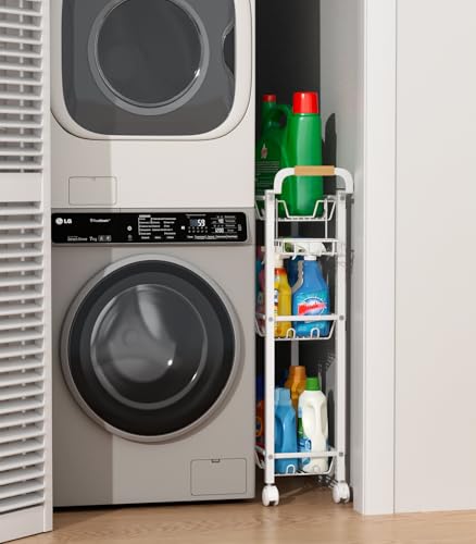 Laundry Room Cart with Top Detergent Holder, Metal Rolling Storage Cart Between Washer and Dryer, 3 Tier Narrow Laundry Room Organization and Storage with Wheels (White)