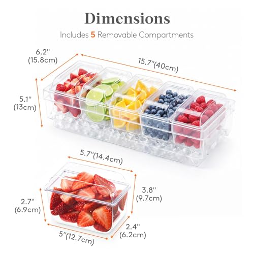 Lifewit Chilled Condiment Container with Individual Lids & Handle Design | Available with Spoons & Tongs, BPA-free Condiment Caddy with 5 Containers, Ice Garnish Tray for Taco, Mimosa & Dirty Soda Bar