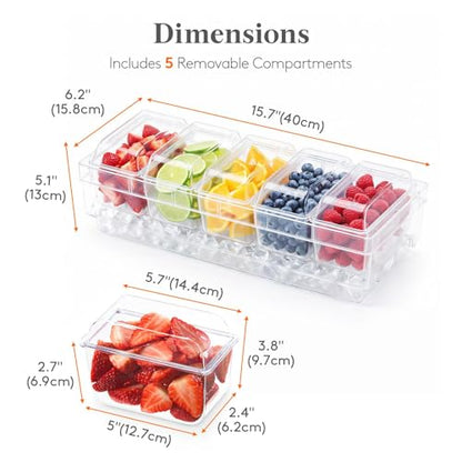 Lifewit Chilled Condiment Container with Individual Lids & Handle Design | Available with Spoons & Tongs, BPA-free Condiment Caddy with 5 Containers, Ice Garnish Tray for Taco, Mimosa & Dirty Soda Bar