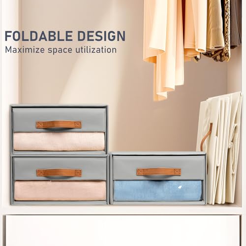 DIMJ Closet Organizers and Storage - Fabric Bins with Drawers for Closet Foldable Clothes Organizers with Clear Window, Stackable Storage Drawers Units for Bedroom, Living Room, 4-Pack, Grey