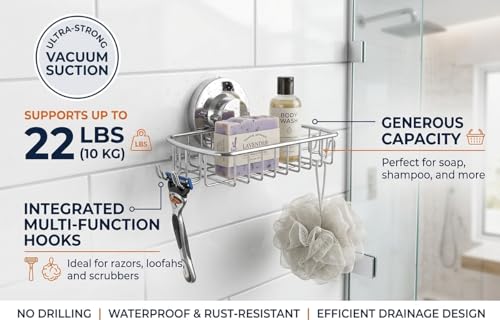 Soap Dish for Shower Suction Cup Powerful Vacuum System Rustproof 304 Stainless Steel Basket Sponges Holder with Razor Hooks for Bathroom or Kitchen Soap Holder (Silver)