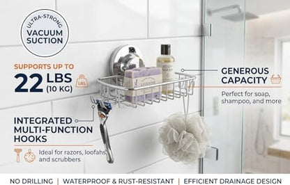 Soap Dish for Shower Suction Cup Powerful Vacuum System Rustproof 304 Stainless Steel Basket Sponges Holder with Razor Hooks for Bathroom or Kitchen Soap Holder (Silver)