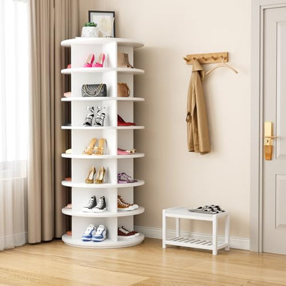 Rotating Shoe Rack 7 Tier Spinning Shoes Organizer Tower for 28-32 Pairs Lazy Susan 360 Revolving Shoe Storage Cabinet Rotate Shoe Handbag Rack Round Carousel for Closet, Bedroom (White)