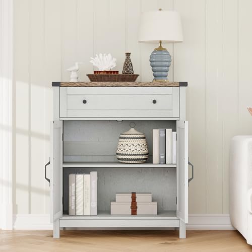 ChooChoo 30" W Coffee Bar Cabinet, Kitchen Storage Cabinet with Drawer | Small Buffet Cabinet, Farmhouse Sideboard Buffet, Adjustable Shelf, Rustic White