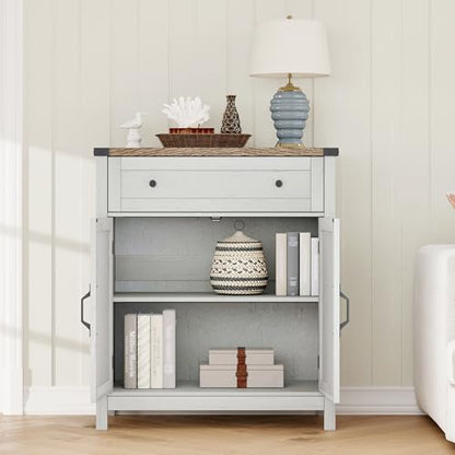 ChooChoo 30" W Coffee Bar Cabinet, Kitchen Storage Cabinet with Drawer | Small Buffet Cabinet, Farmhouse Sideboard Buffet, Adjustable Shelf, Rustic White