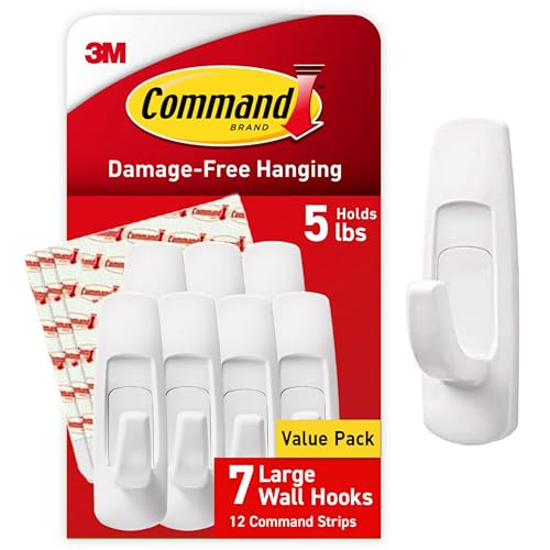 Command Large Utility Hooks, 7-Hooks, 12-Strips, Organize Damage-Free | Damage-Free Hanging Wall Hooks with Adhesive Strips, No Tools Adhesive Hooks for Hanging Decor, Holds up to 5 lb