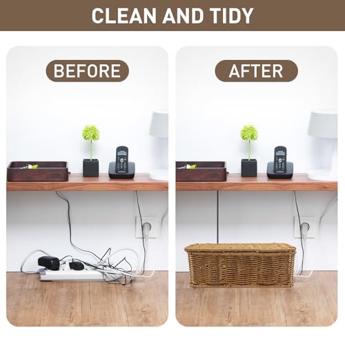 2 Pack Rattan Cable Management Box, Large Cord Organizer Box with Lid Under Desk Router Hider Storage Box with 4 Exits, Wire Box Hider for TV Wires Computer Surge Protector USB Hub Power Strip