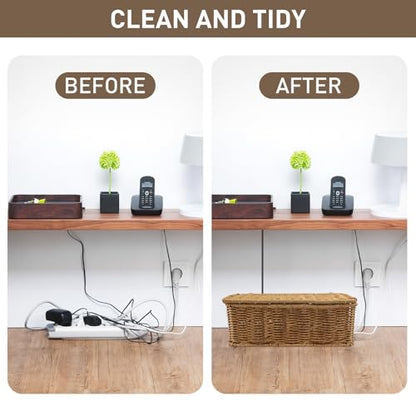 2 Pack Rattan Cable Management Box, Large Cord Organizer Box with Lid Under Desk Router Hider Storage Box with 4 Exits, Wire Box Hider for TV Wires Computer Surge Protector USB Hub Power Strip