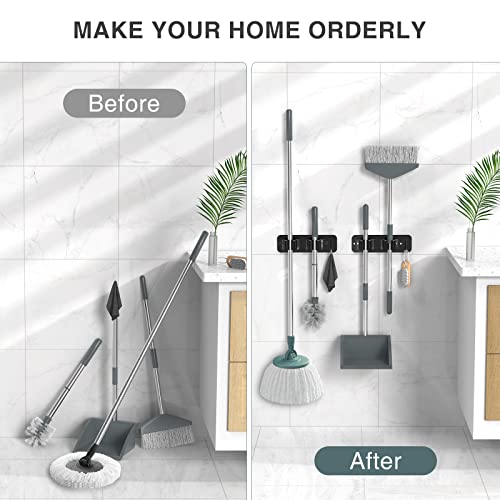 homeasy Wall Mount Mop and Broom Holder, Heavy Duty Stainless Steel Organizer Rack with Hooks | 2-Pack, 2-in-1 No Drill & Screw Installation, Black