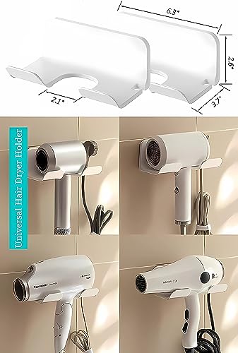 2-Pack Universal Hair Dryer Holder, Self Adhesive Wall Mount, White | Universal storage rack fits most brand blow dryers, ideal for bathroom organization
