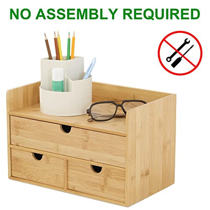 Bamboo Desk Organizer with Drawers, 3-Drawer Desktop Storage Box | 3 Drawers Open Top Tray Fully Assembled Stores Pens, Notes, Makeup, Jewelry & Toiletries for Office, Vanity & Bath