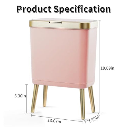 Procade Bathroom Trash Can with Lid,4 Gallon Gold and Pink Garbage Can,Slim | Tall Plastic Trash Bin with Legs and Press Top Lid,Narrow cute Small Waste Basket for Room, Bedroom,Office,Kitchen,RV,Laundry