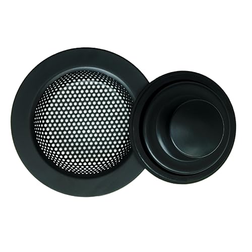 RQYEKDO 4.5" Stainless Sink Strainer Black Food Catcher Drain Plug | Wide anti-rust flared rim, matte dark coating, smooth holes speed drainage, block clogs, easy lift for quick cleaning