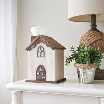 Ikee Design Farmhouse Wooden Square Tissue Box Cover, Brown Color | FARMHOUSE TISSUE COVER: House-shaped wooden holder for bathrooms, bedrooms, and living rooms; 5.8"W x 5.8"D x 8.2"H.