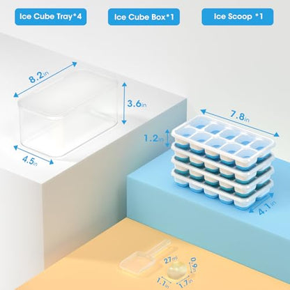 DOQAUS Ice Cube Tray with Lid and Bin,4 Pack Ice Cube Trays for Freezer | Silicone, Stackable. Easy Release Trays with Storage Bin & Scoop. Ideal for Freezer, Kitchen, RV, Cocktail, Coffee.