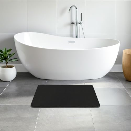 THMINS Black Stone Bath Mat, 24''x16'' Stone Shower Mat | Diatomite Stone Bath Mat, Super Absorbent, Quick-Drying, Non-Slip, and Easy to Clean for Bathroom