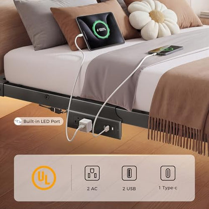 Floating Bed Frame Queen Size, 10" Comfort Height, 4-Side Underbed RGB LED Lights & Charging Station, Metal Platform Bed No Box Spring Needed, Noise-Free, Sturdy 1000lbs Support for Bedroom