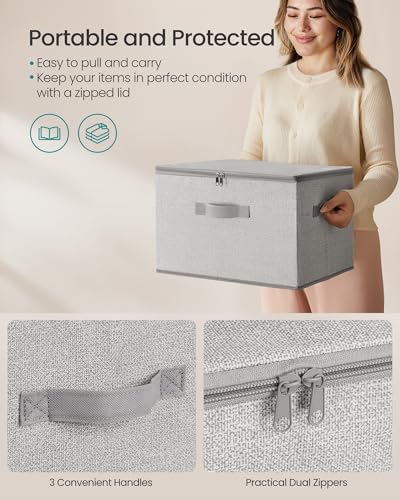 SONGMICS Large Storage Bins with Lids, 31 Quart Fabric Closet Organizer With Zipper, 3 Pack Foldable Storage Boxes, 15.7 x 11.8 x 9.8 Inches, Dove Gray URZB003W01
