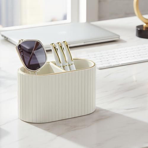 PU Leather Desk Organizer Pen Holder – Dual-Compartment Stylish Pencil Cup Remote Control Holder Desktop Supplies and Accessories Organizer Caddy for Office Home School (Light Beige)