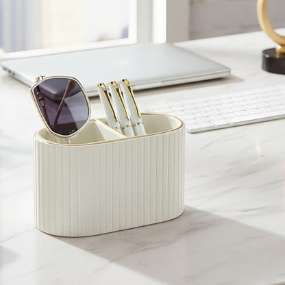 PU Leather Desk Organizer Pen Holder – Dual-Compartment Stylish Pencil Cup Remote Control Holder Desktop Supplies and Accessories Organizer Caddy for Office Home School (Light Beige)