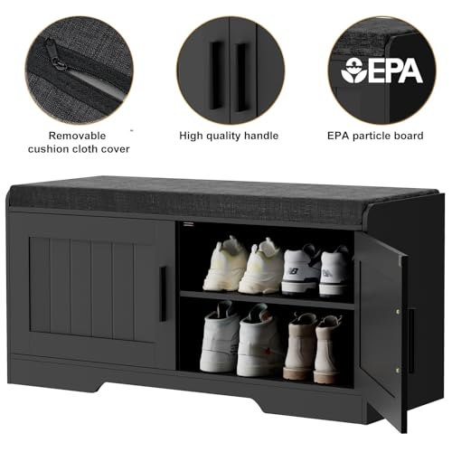 Homleke Shoe Storage Bench, 2 Doors & Thickened Padded Seat Cushion | 2-Tier Shoe Bench, Entryway Bench, Adjustable Shelf, 13.8" D x 37.4" W x 18.5" H, for Living Room, Bedroom, Black