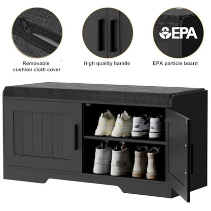 Homleke Shoe Storage Bench, 2 Doors & Thickened Padded Seat Cushion | 2-Tier Shoe Bench, Entryway Bench, Adjustable Shelf, 13.8" D x 37.4" W x 18.5" H, for Living Room, Bedroom, Black