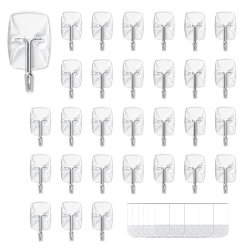 MOVELYST Clear Wall Hooks for Hanging, 30 Hooks+40 Strips, Value Pack (S) | Removable Hooks for Walls No Damage, Hanging Hooks with Adhesive Strips for Hanging, Organization and Decoration, Easy to Use