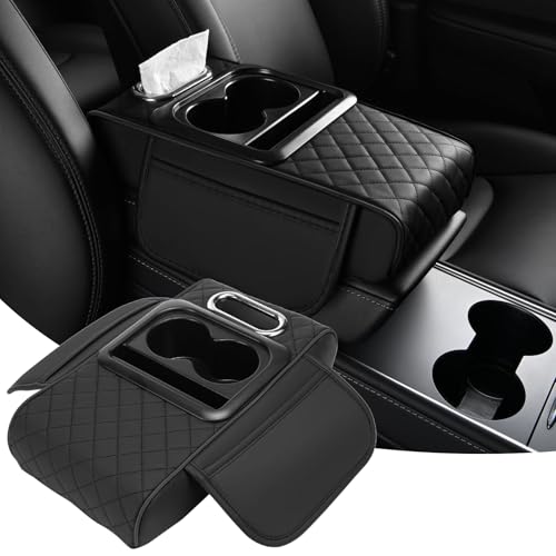 Car Armrest Cushion, 5 in 1 Center Console Cover with 2 Cup Holders, Phone Holder, Tissue Holder, Storage Bag, Multifunctional Leather Heightened Car Armrest Cushion for Most Cars（Black