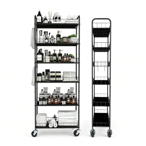 Slim Rolling Storage Cart with Wheels,10in 6 Tier... (Black | Metal)