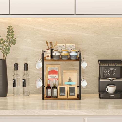 Dorhors Coffee Bar Organizer,Mug Holder,Station Organizer Kitchen Counter | 2 Tier Rustic Brown Wood Coffee Bar Accessiries with 12 Hooks,Countertop Shelf for Mug,Syrup and Accessories