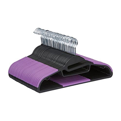 Amazon Basics Space Saving Non-Slip Rubber Coated Plastic Hangers with 360 Degree Swivel Hook, Black/Purple, Pack of 50