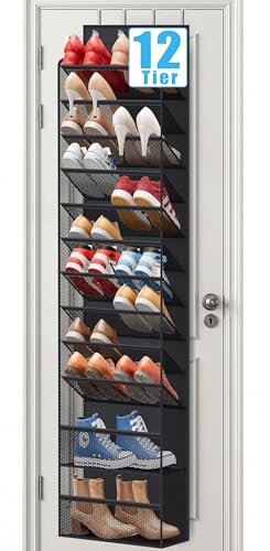 12 Tier Over the Door Shoe Organizer for Closet, Holds 24 Pairs Hanging Shoe Rack for Door with Mesh Pockets, Narrow Shoe Holder Hanger for Sneakers, Boots (Black)