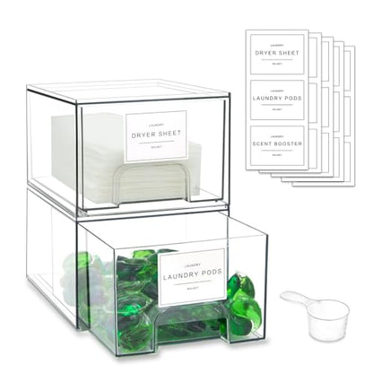 4 Pack Laundry Room Organization Storage Drawers with Labels, Clear Stackable Dryer Sheet Holder and Pod Containers, Detergent Dispenser for Laundry Room Organizing and Decor