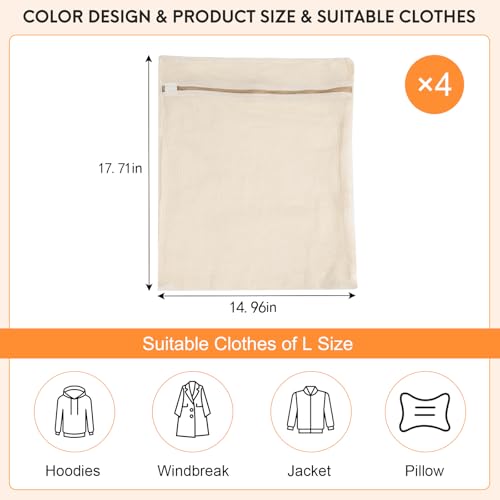 4-Piece Large Durable Organic Cotton Mesh Laundry Bags with Sturdy Zippers and Breathable Mesh are Delicate Laundry Bags for Underwear, Clothes, Pants and Socks