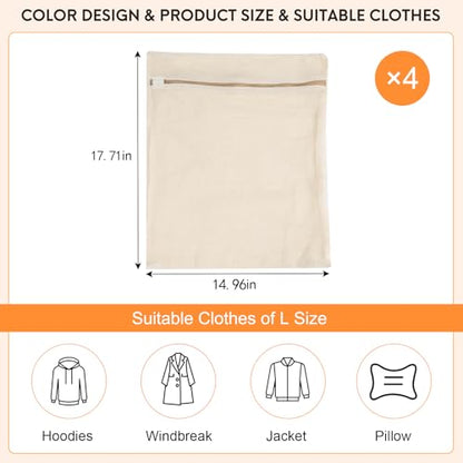 4-Piece Large Durable Organic Cotton Mesh Laundry Bags with Sturdy Zippers and Breathable Mesh are Delicate Laundry Bags for Underwear, Clothes, Pants and Socks