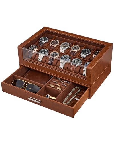 Watch Box for Men, 12 Slots Watch Display Holder -... (Brown | Leather)