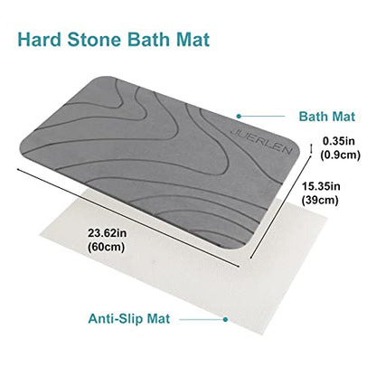 JUERLEN 2 Pack Diatomaceous Earth Shower Mat, Stone Bath Mat, Nonslip Super Absorbent Fast-Drying Hard Bath Mat for Bathroom Shower Floor, 24 x 16 inch, Grey Wave Design