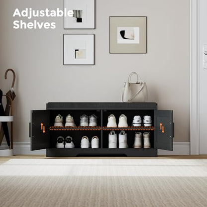 Homleke Shoe Storage Bench, 2 Doors & Thickened Padded Seat Cushion | 2-Tier Shoe Bench, Entryway Bench, Adjustable Shelf, 13.8" D x 37.4" W x 18.5" H, for Living Room, Bedroom, Black