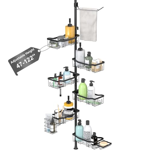 Shower Caddy Corner, 6 Tier Tension Pole Rod Bathroom Organizer Shelves, Adjustable Bathtub Shampoo Stand Rack with Towel Rack 2 Holders for Inside Shower Storage, 47-122 Inch, Black
