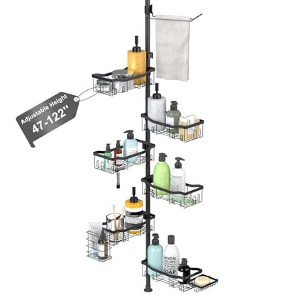 Shower Caddy Corner, 6 Tier Tension Pole Rod Bathroom Organizer Shelves, Adjustable Bathtub Shampoo Stand Rack with Towel Rack 2 Holders for Inside Shower Storage, 47-122 Inch, Black