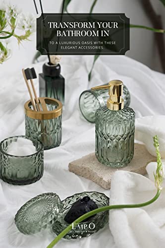 6PCS Bathroom Clear Glass Accessories Set (Lotion Soap Dispenser, Soap Dish, Toothbrush Holder, Tumbler, Cotton Swab Jar), Contemporary Modern Decor Crystal Vintage Gift (6pcs Green)