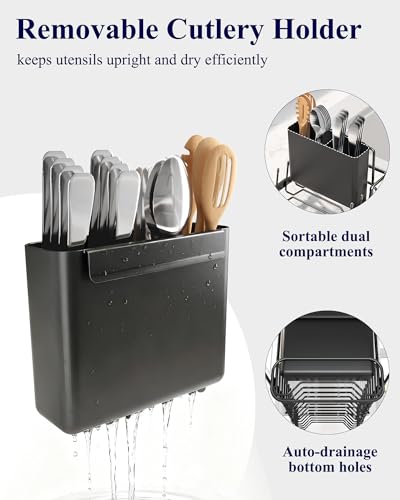 Kitsure Expandable Dish Rack for Kitchen Counter, Medium, Black | Over Sink Or In Sink Dish Drying Rack, Dish Drainer with Cutlery Holder & Drip Tray, 14.0"-20.9"L x 6.3"W x 8.0"H