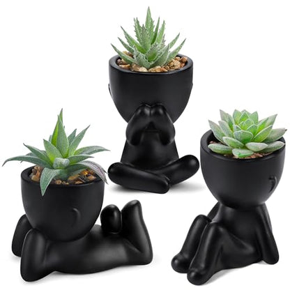 Der Rose 3 Pack Fake Plants in Black Pots for Bathroom Living Room Decor | Unique black human-shaped pot，cute fake succulents plants，perfect for black desk shelf bedroom halloween decor，fresh all year