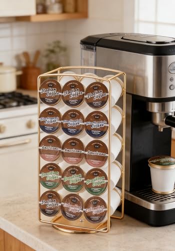 Tabletop K Cup Holder, Coffee Pod Stand Holder, K-Cups Capsule Storage Rack for 30 pods, 360 degrees rotatable, No Assembly Required, Gold