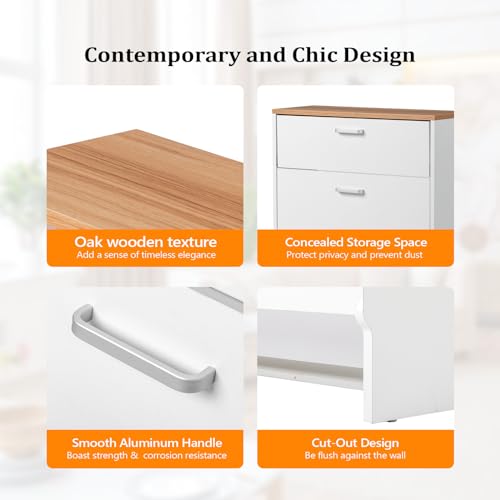 VINGLI Shoe Cabinet Storage for Entryway,White Small Narrow Shoe Rack,25" W | 8–12 Pairs,Skirting Board Cutout,Drop-Down Drawer,9.4"D Slim,Two-Tone Oak & White,2 Flip Drawers,Adjustable & Removable Shelf