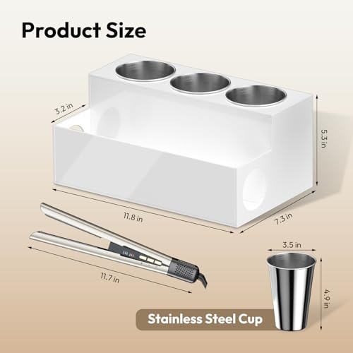 NIUBEE Acrylic Hair Tool Organizer,Hair Dryer Holder Countertop with 3 Cups | White, Hot Tools Organizer, Hair Blow Dryer Organizer for Curling Iron, Brush, Straightener, Makeup,Skincare,Vanity, Bathroom