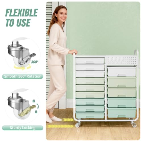 14 Drawer Rolling Storage Cart with Tabletop and Pegboard for Crafts Green | Easy Setup, Large Capacity, Sturdy Build, Smooth Mobility, For classroom, office and dorm supplies